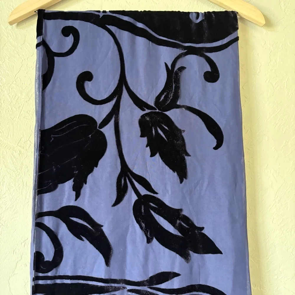 Silk Blend Burnout Velvet Scarf Navy Blue Floral 14x74 Elegant Lightweight